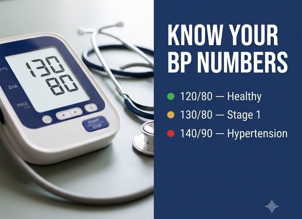 Split banner comparing 120/80, 130/80 and 140/90 blood pressure readings