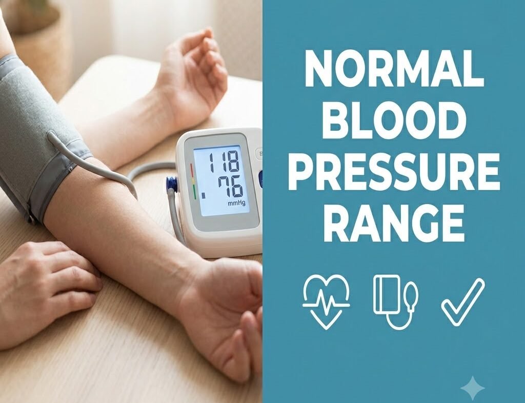 Split banner showing a blood pressure monitor reading beside "Normal Blood Pressure Range" headline