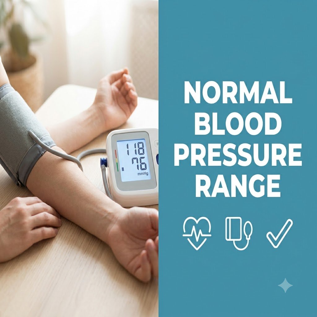 Split banner showing a blood pressure monitor reading beside "Normal Blood Pressure Range" headline