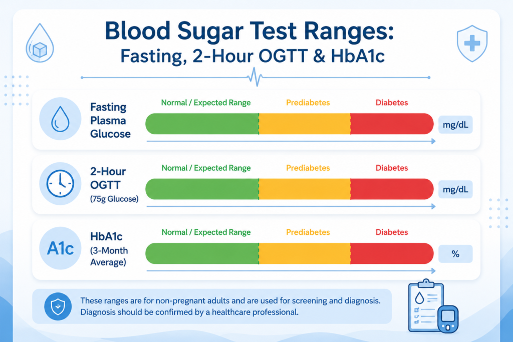 Blood sugar test ranges chart for fasting, 2-hour OGTT and HbA1c