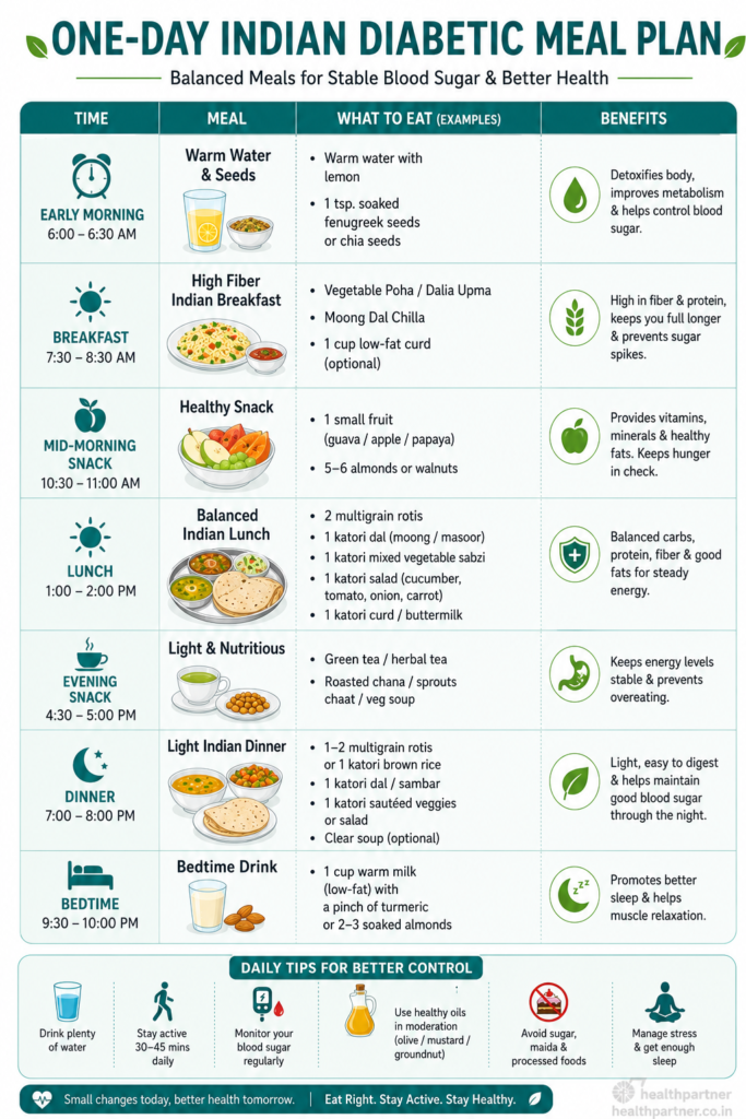 Sample one day diet chart for diabetic patients with breakfast lunch and dinner