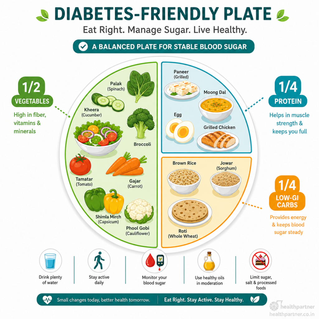 Diet chart for diabetic patients showing the plate method with vegetables, protein, and low-GI carbs