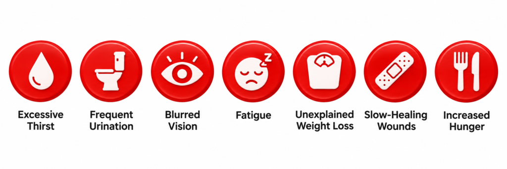 Early symptoms of diabetes icons — thirst, frequent urination, fatigue, blurred vision, weight loss