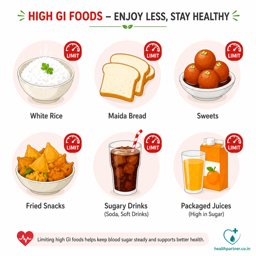 Icon grid of foods to avoid in a diabetic patient diet chart including rice, sweets, and fried snacks