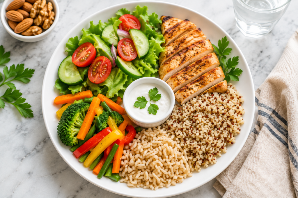 Healthy diabetes-friendly diet plate with vegetables, whole grains and lean protein