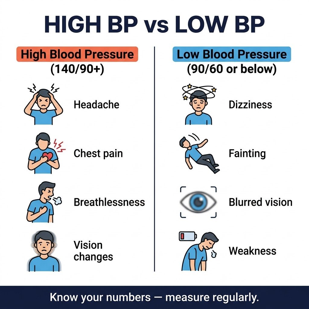 	Infographic comparing high blood pressure and low blood pressure symptoms side by side