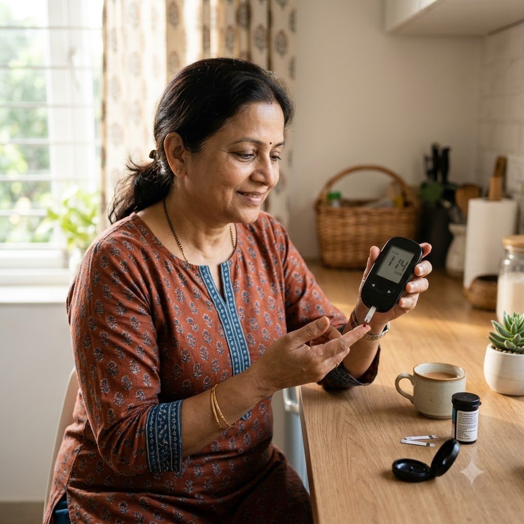 HbA1c Test: Normal Range, Prediabetes & Diabetes Levels Adult using a glucometer to monitor blood sugar at home