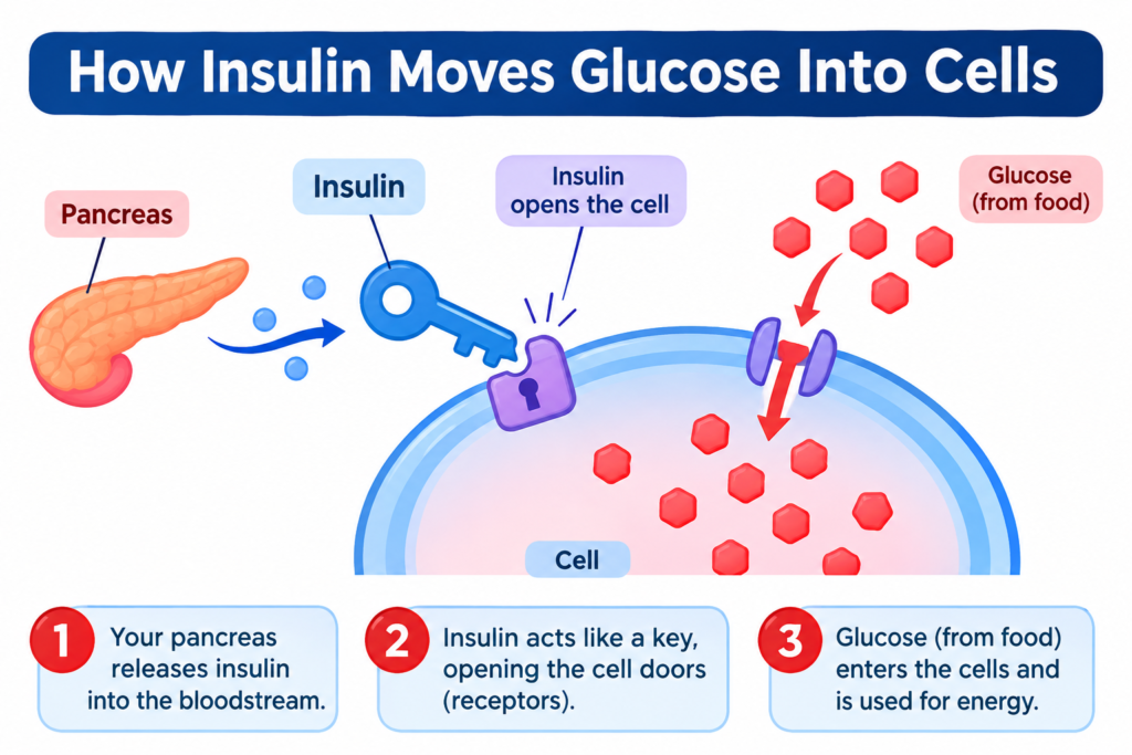 Diagram showing how insulin moves glucose from blood into cells