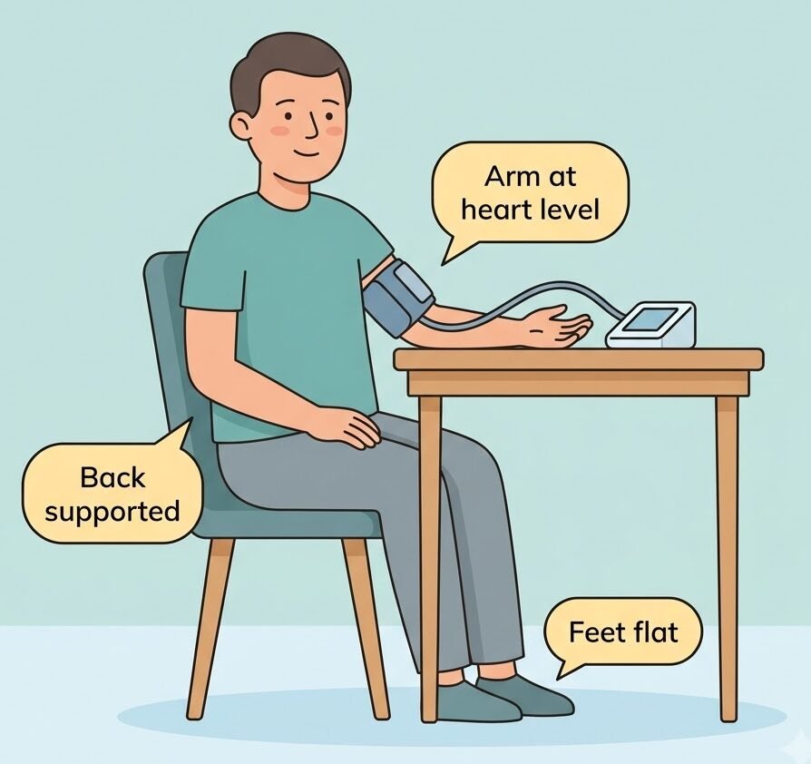 Illustration of a person seated correctly for a blood pressure reading with labeled callouts