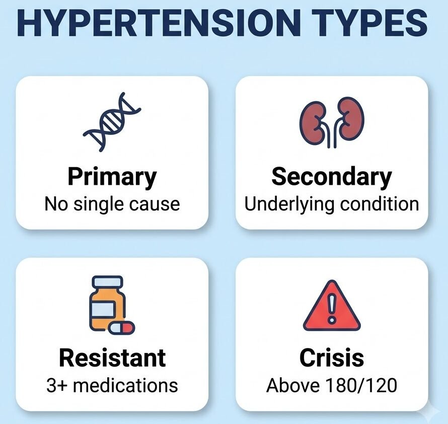Types of hypertension quick facts card — primary, secondary, resistant, crisis