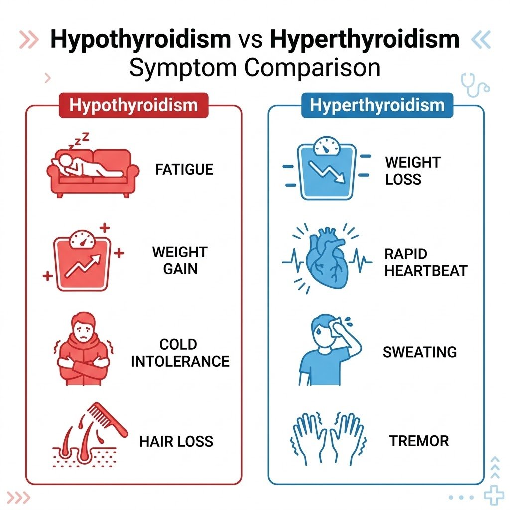 Comparison of hypothyroidism and hyperthyroidism symptoms side by side