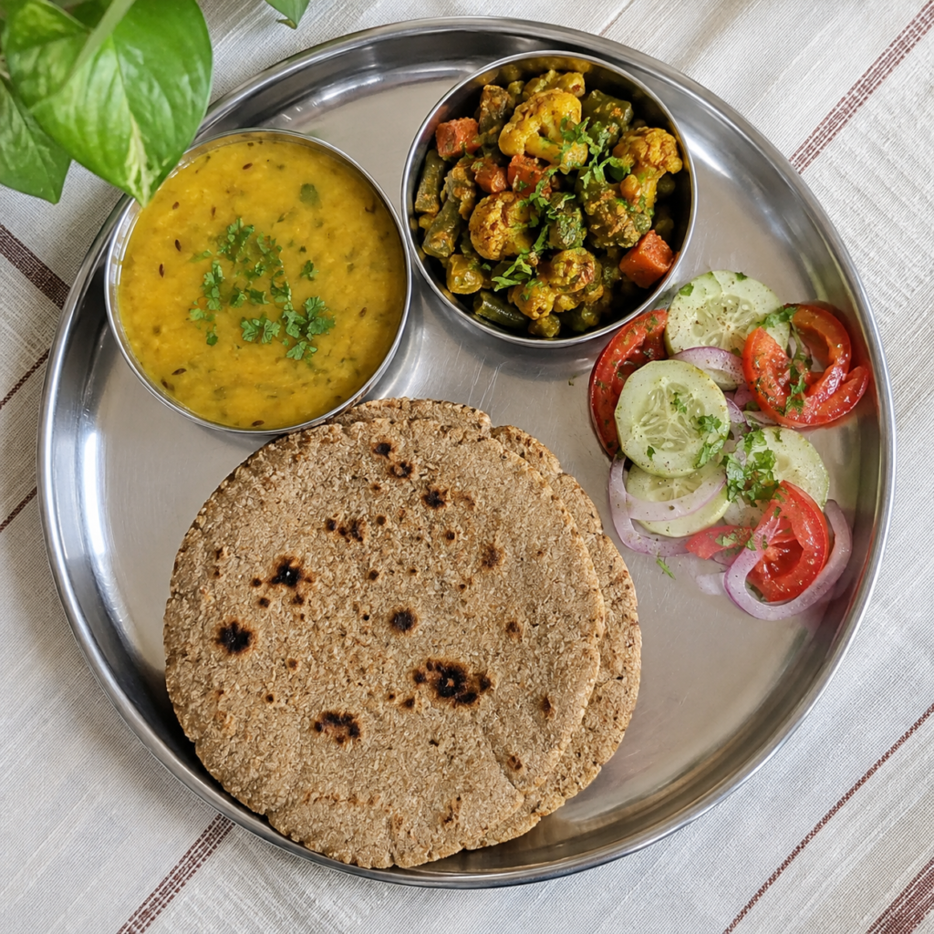 Indian thali plated according to a diabetic patient diet chart with millet roti, dal, and vegetables