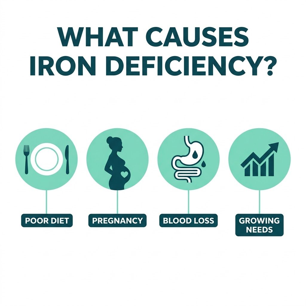 Illustration of common causes of iron deficiency including diet and blood loss