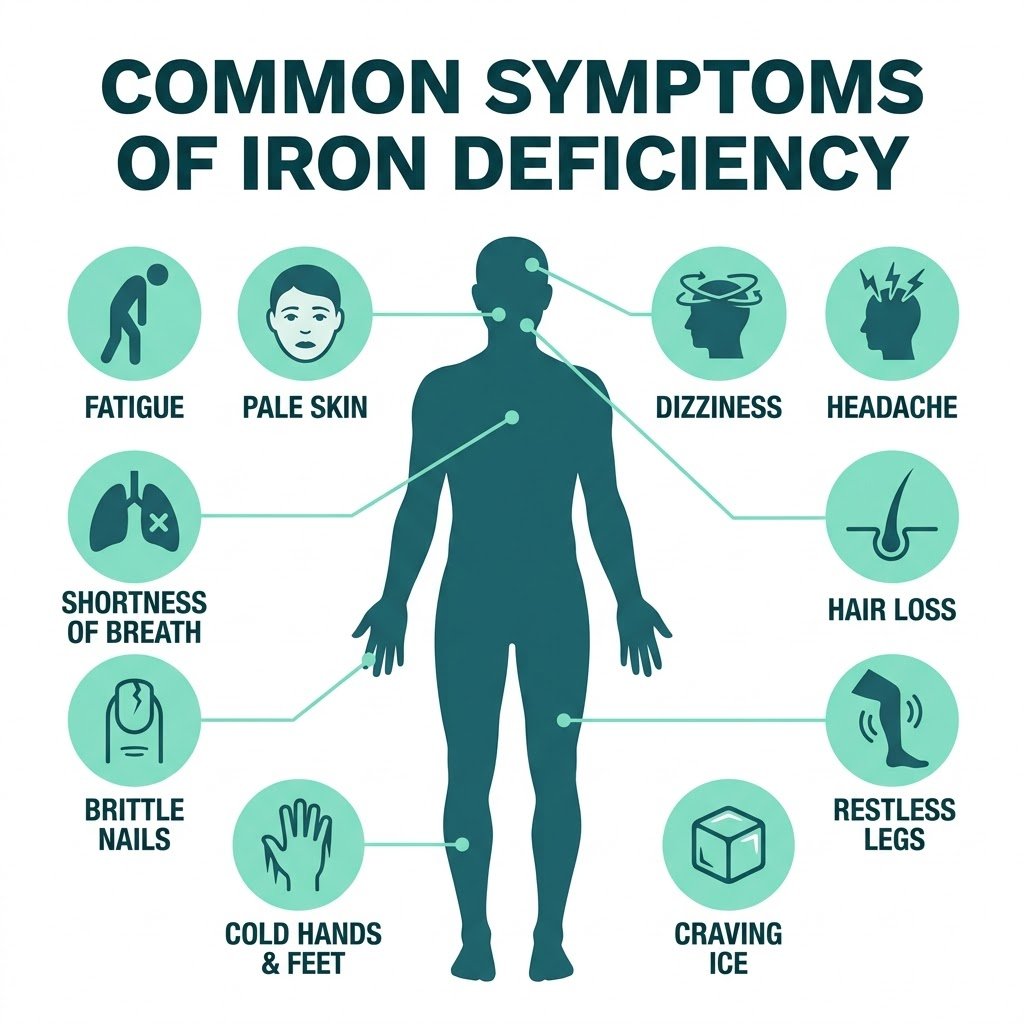 Infographic showing 10 common symptoms of iron deficiency