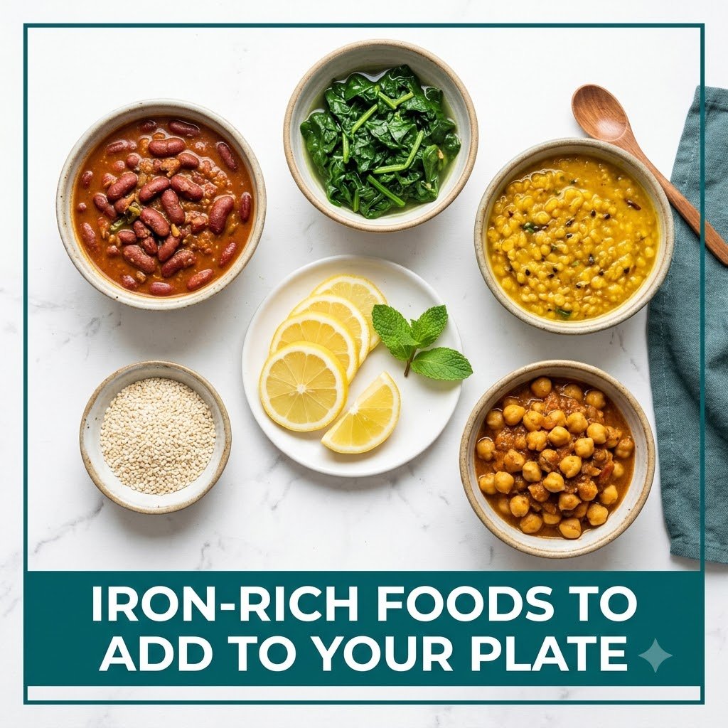 Flat lay of Indian iron-rich foods including dal, spinach, chickpeas and sesame seeds