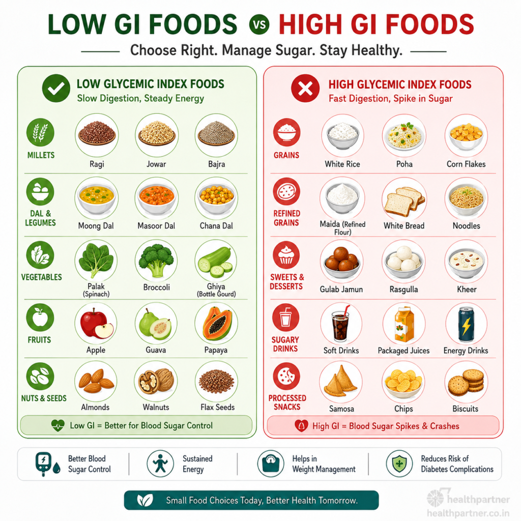 Comparison of low GI foods and high GI foods for diabetic diet chart in India