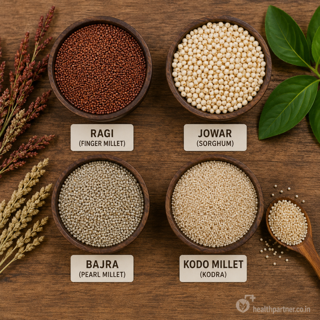 Ragi jowar bajra and kodo millets used in a diabetic diet chart for Indian patients