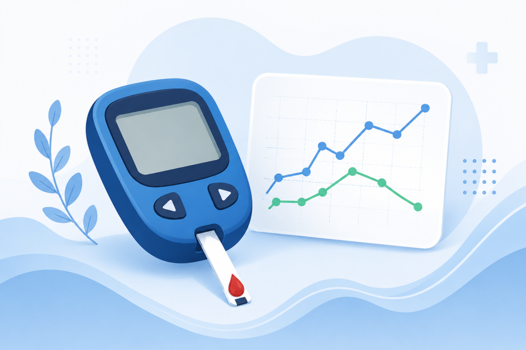 Normal blood sugar level chart illustration with glucometer and test strip