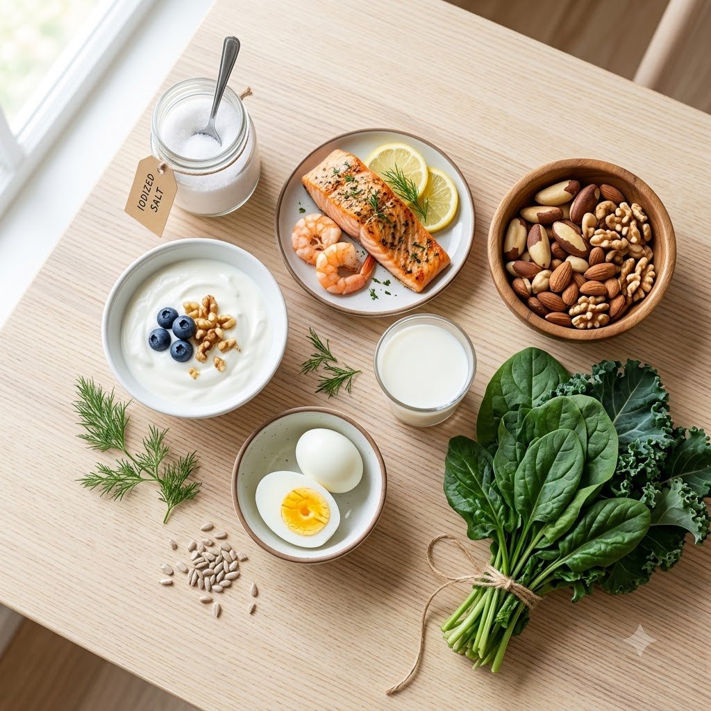 Thyroid-friendly foods including iodized salt, dairy, eggs, and seafood