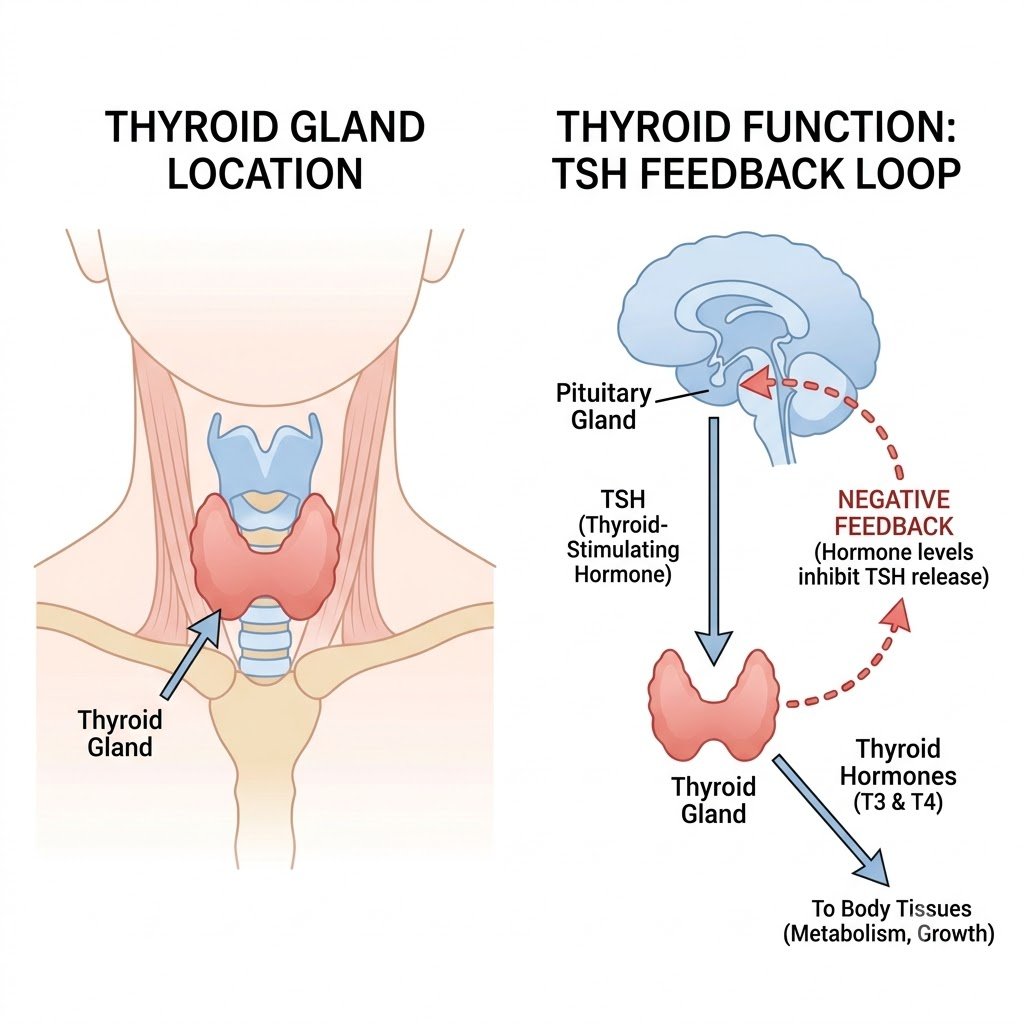 Diagram showing thyroid gland location in the neck and its hormone feedback loop with the pituitary gland