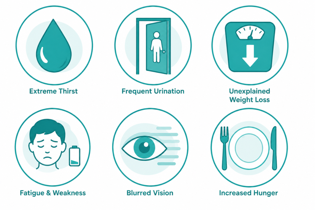 Icons representing common Type 1 diabetes symptoms