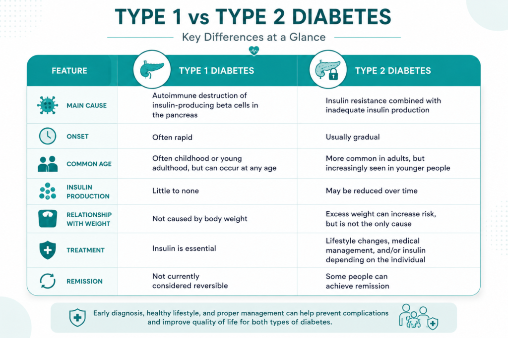 Chart comparing Type 1 and Type 2 diabetes across key factors