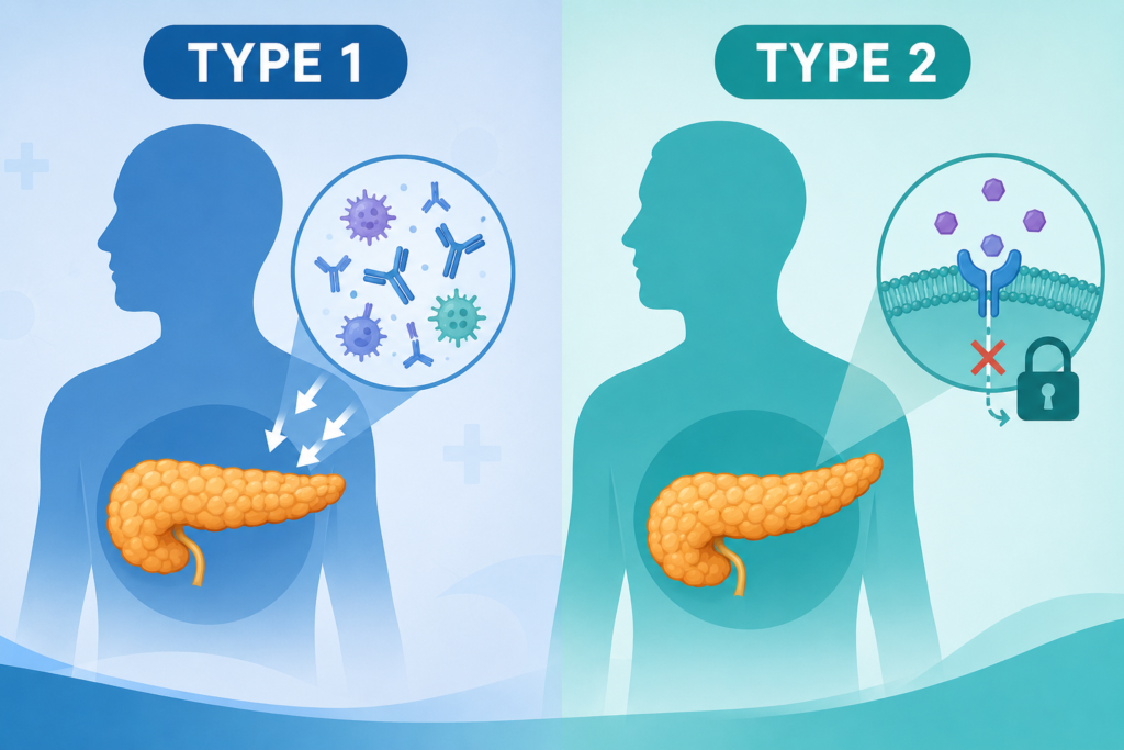 Illustration comparing Type 1 and Type 2 diabetes causes
