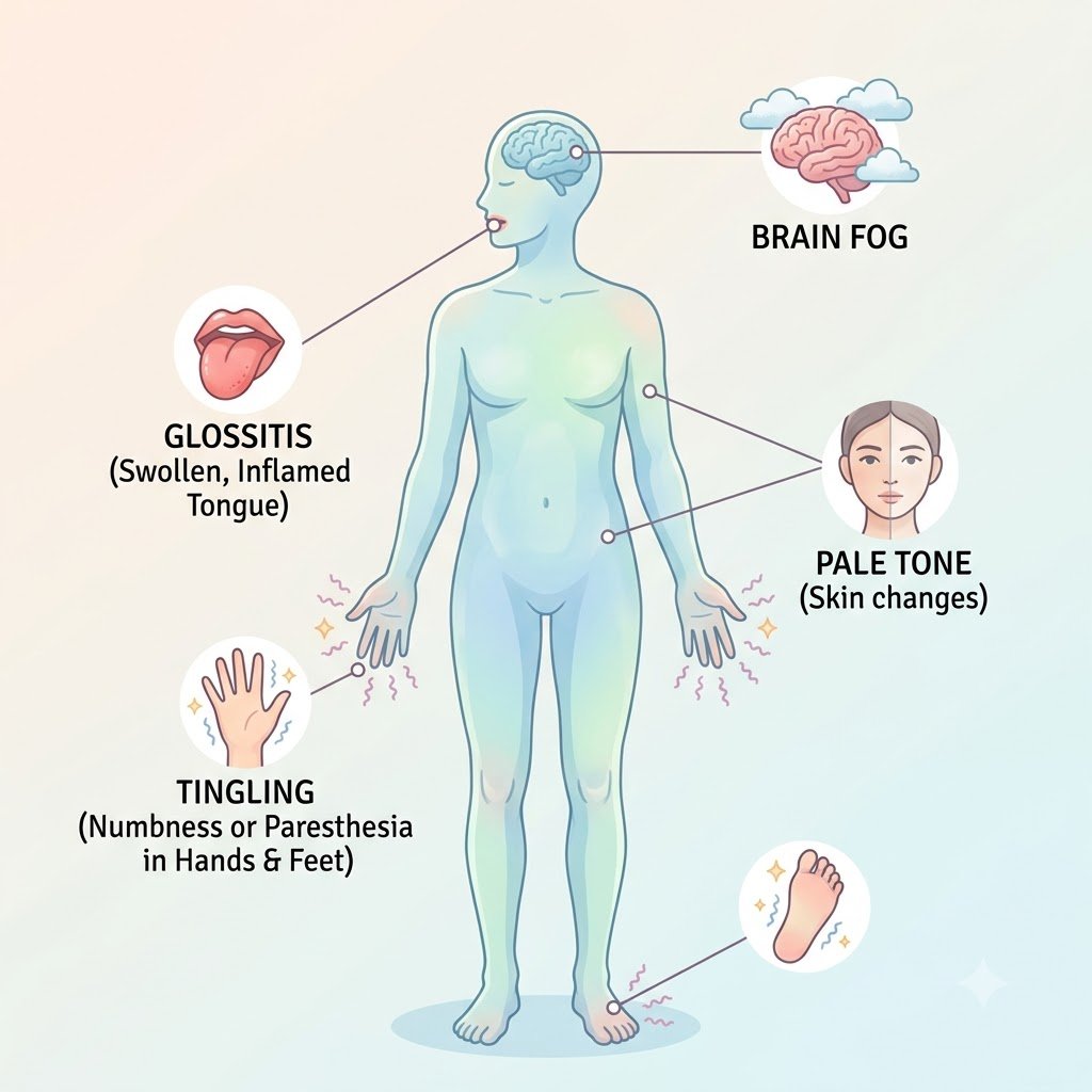 Vitamin B12 deficiency symptoms shown on human body diagram