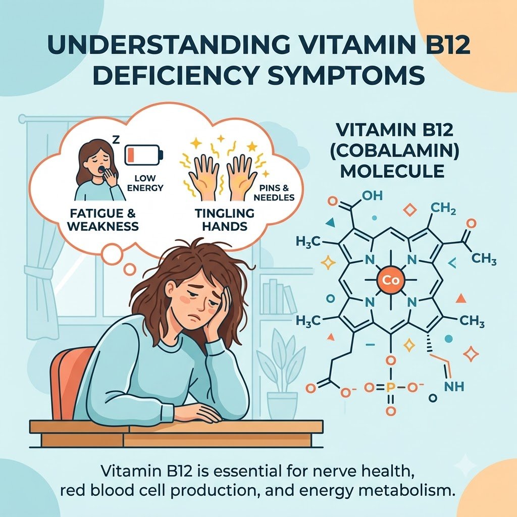 Vitamin B12 deficiency symptoms illustration - fatigue and tingling