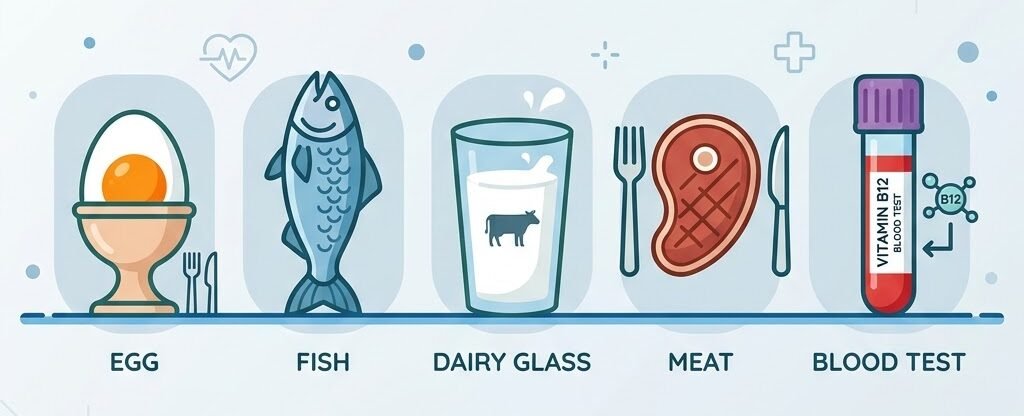 Vitamin B12 food sources and blood test icon set