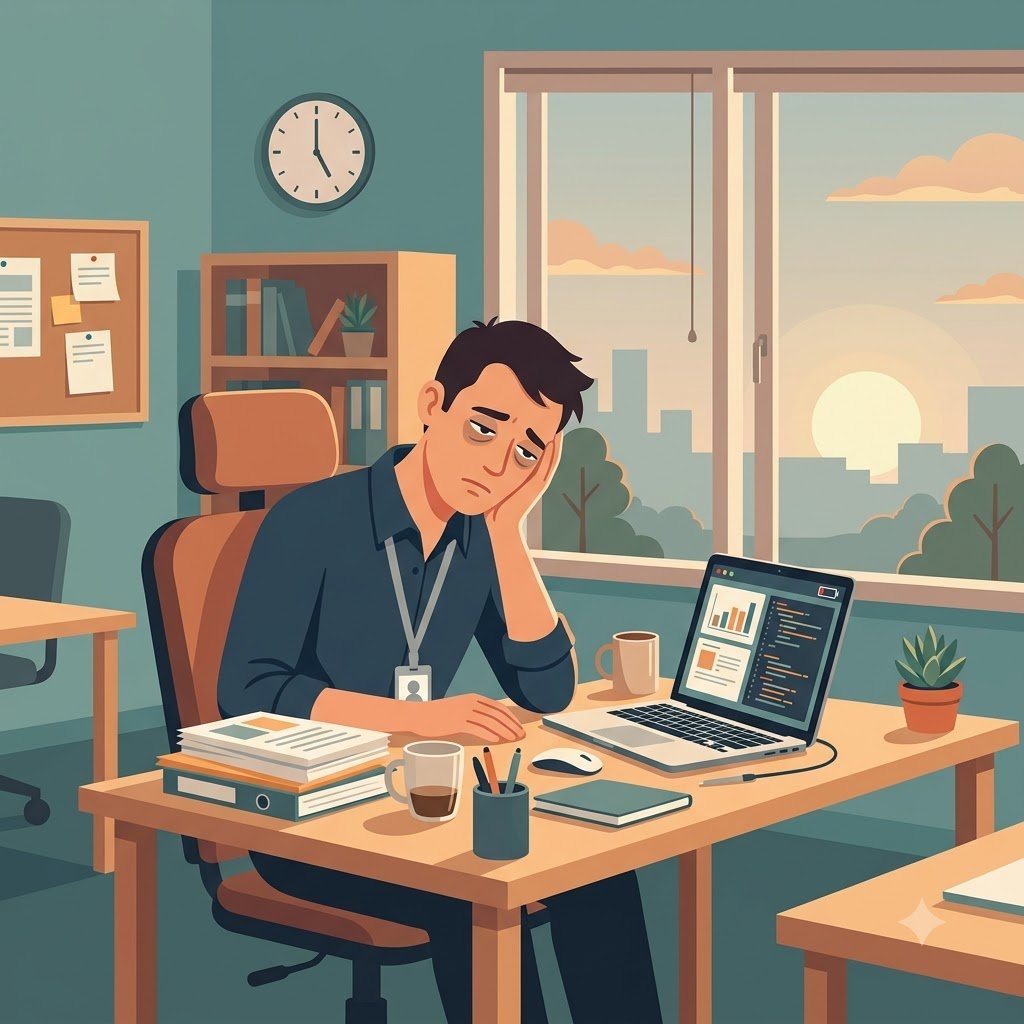 Tired professional at desk showing fatigue, a common vitamin D deficiency symptom