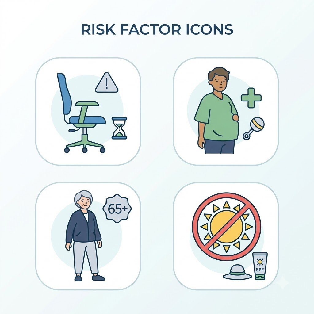 	Icons showing who is most at risk of vitamin D deficiency: office workers, pregnant women, older adults, and limited sun exposure
