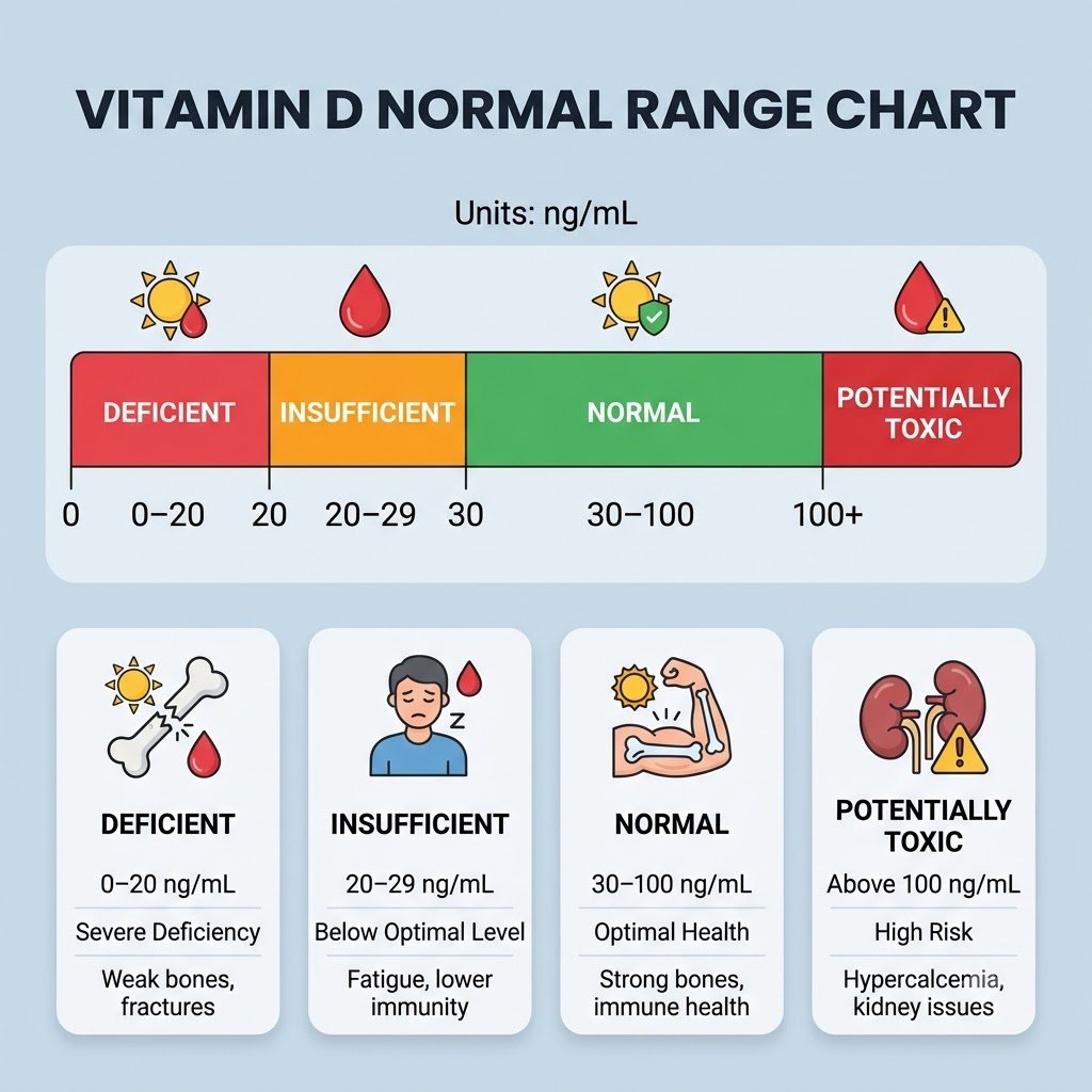 Vitamin D blood test range chart showing deficient, insufficient, normal and toxic levels