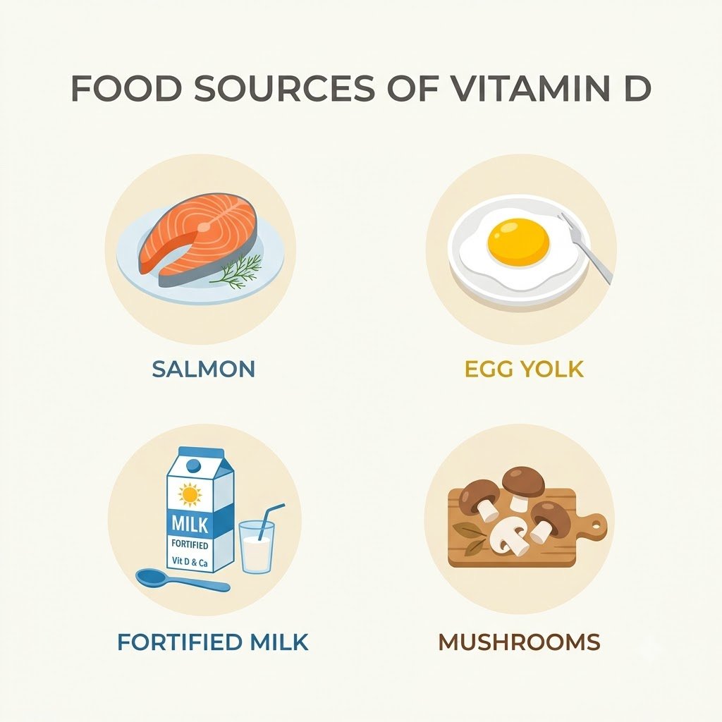 Vitamin D rich foods including salmon, egg yolk, fortified milk and mushrooms