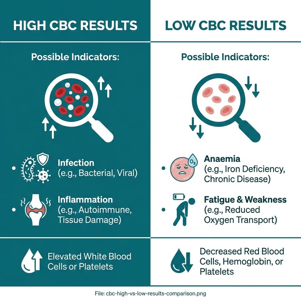 Complete Blood Count (CBC) Test: Normal Range & How to Read Your Report Side-by-side infographic comparing what high and low CBC results can indicate