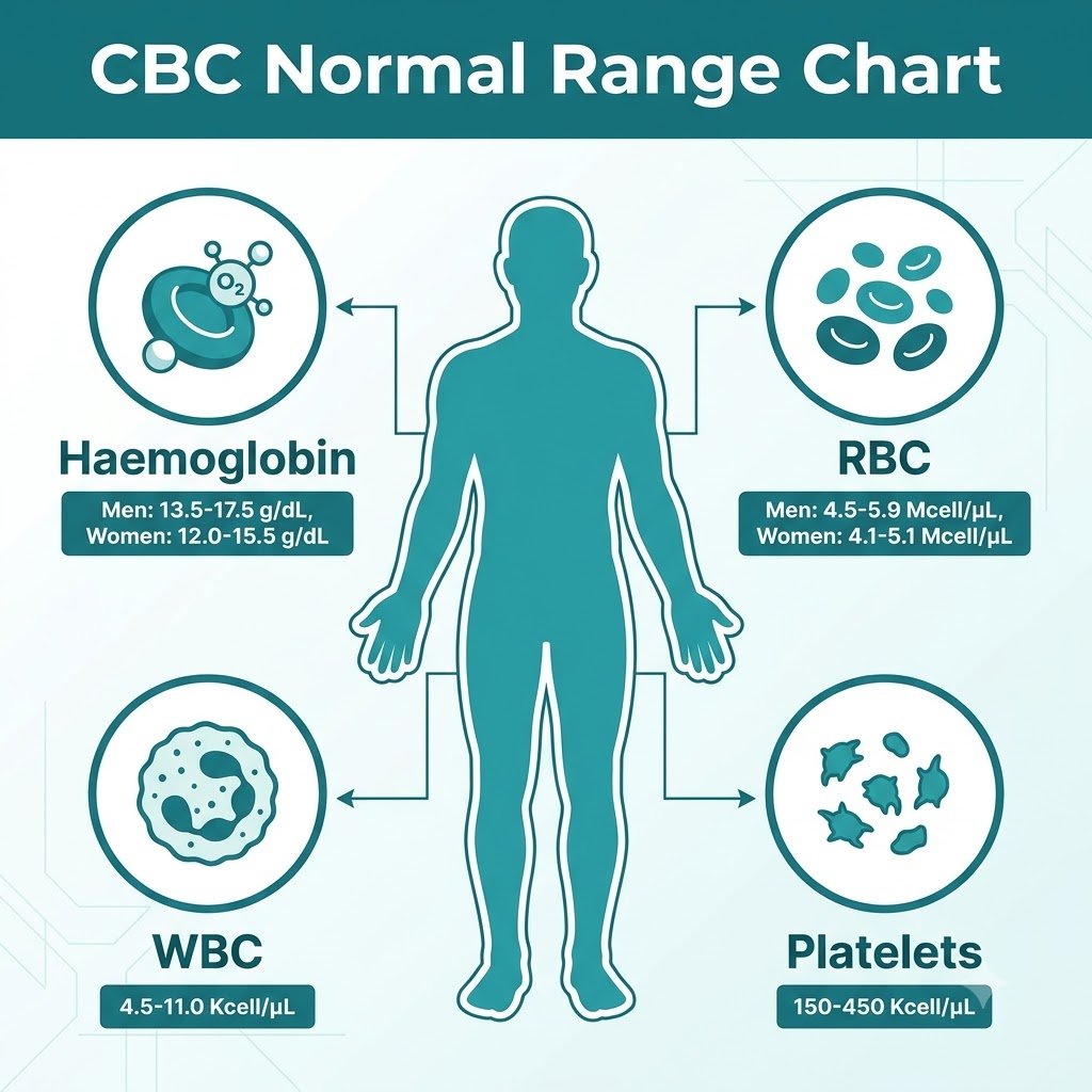 Complete Blood Count (CBC) Test: Normal Range & How to Read Your Report Infographic showing normal range values for RBC, WBC, haemoglobin and platelets in a CBC test
