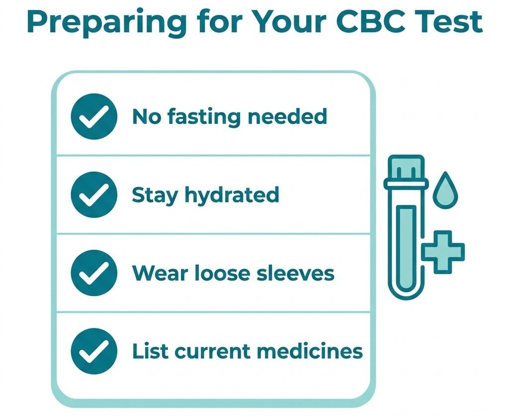 Complete Blood Count (CBC) Test: Normal Range & How to Read Your Report Infographic checklist showing CBC test preparation tips including no fasting, staying hydrated and wearing loose sleeves
