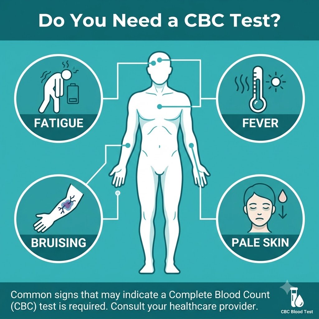 Complete Blood Count (CBC) Test: Normal Range & How to Read Your Report Infographic icons showing fatigue, fever, bruising and paleness as symptoms indicating a CBC blood test is needed