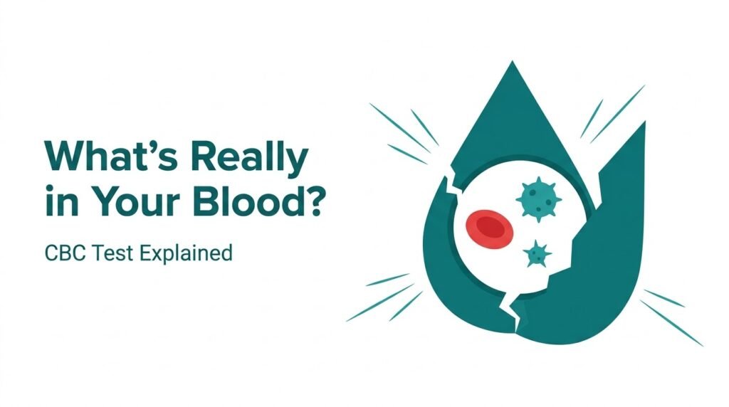 Flat vector illustration of a blood drop opening to reveal red blood cells, white blood cells and platelets, representing a CBC blood test