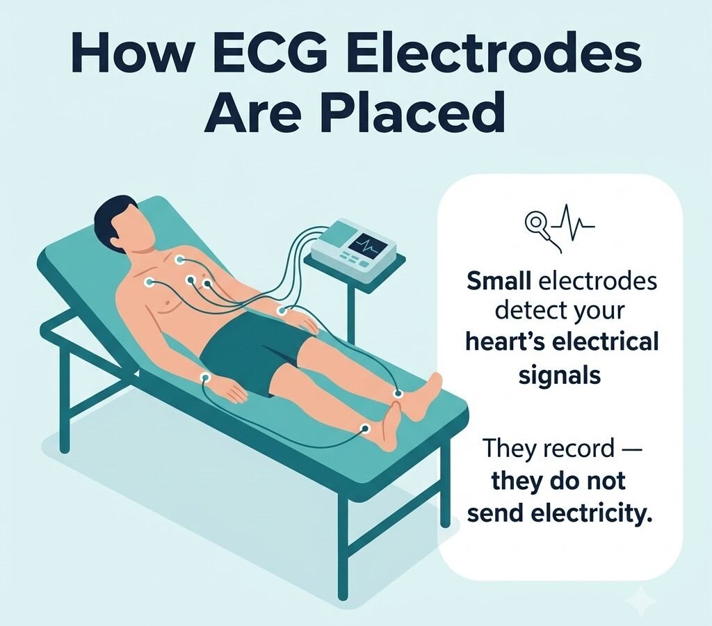 Illustration showing ECG electrodes placed on the chest and limbs during an ECG test