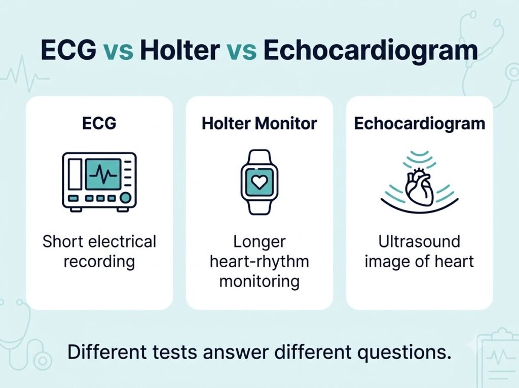 Comparison of ECG, Holter monitor and echocardiogram tests