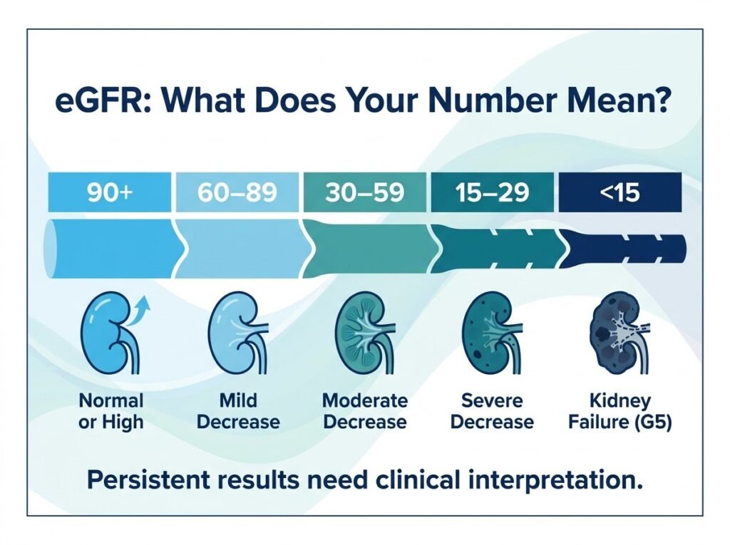 Kidney Function Test (KFT): Normal Range, Cost & How to Read Your Report eGFR stages diagram explaining kidney filtration ranges from 90 plus to below 15