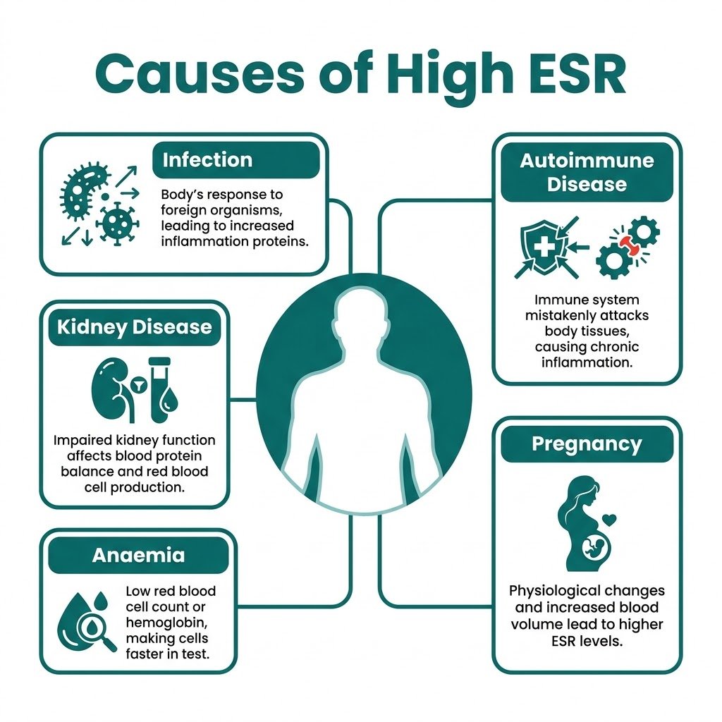 ESR Test: Normal Range, High ESR Causes, Symptoms & Meaning Infographic showing common causes of a high ESR result including infection, autoimmune disease and anaemia