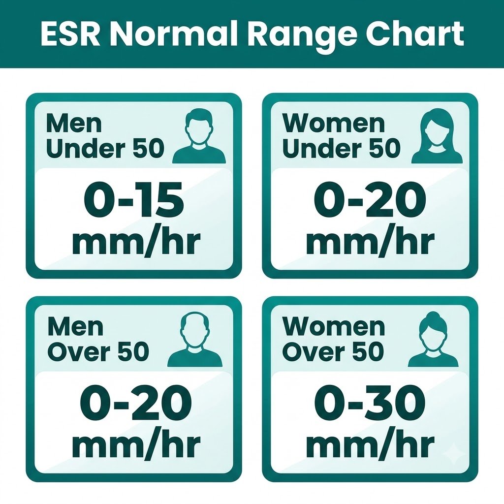 ESR Test: Normal Range, High ESR Causes, Symptoms & Meaning Infographic showing normal ESR ranges by age and sex