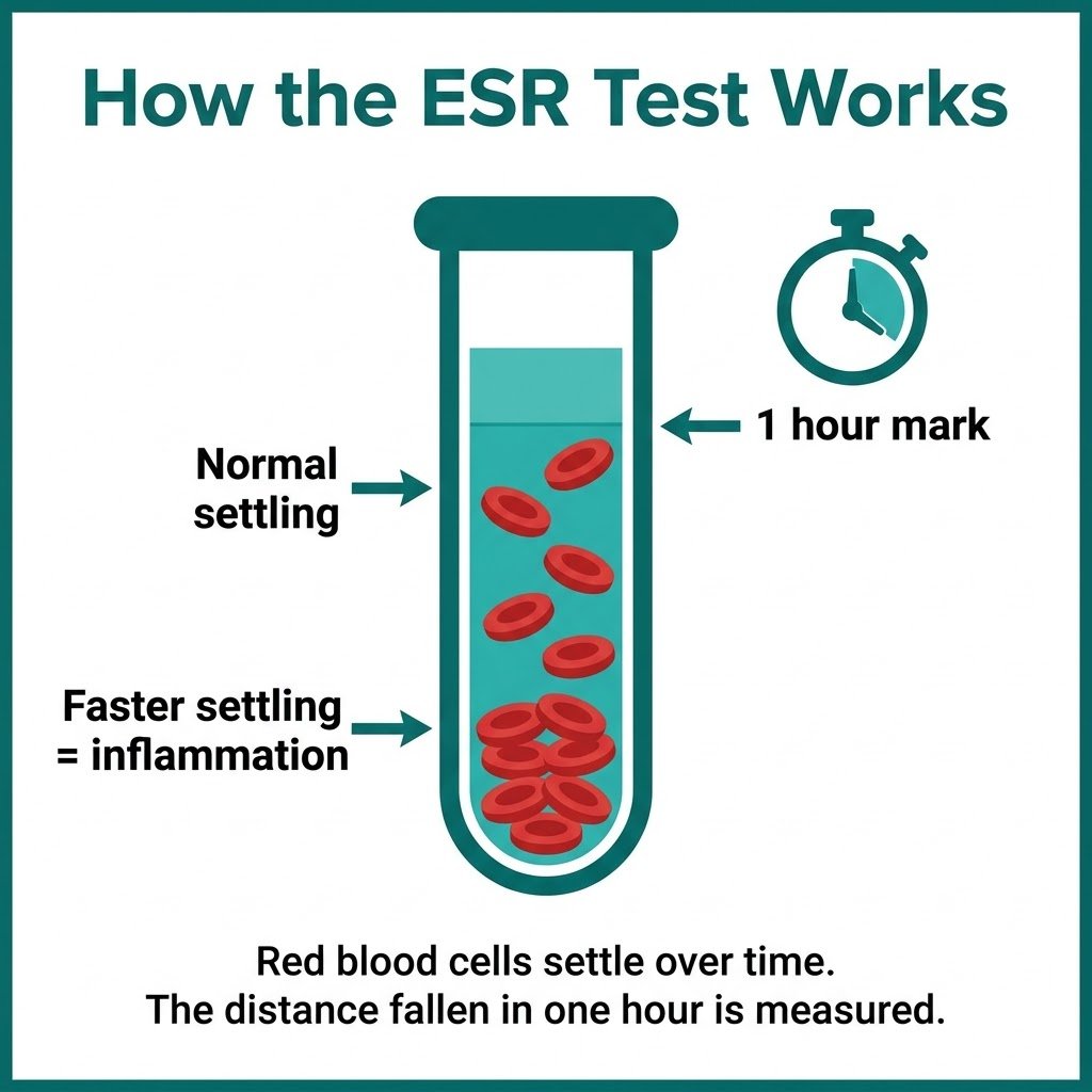 ESR Test: Normal Range, High ESR Causes, Symptoms & Meaning Annotated diagram showing how red blood cells settle in an ESR test tube over one hour