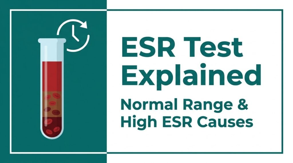 Flat vector illustration of an ESR blood test tube with settling red blood cells in teal and white infographic style