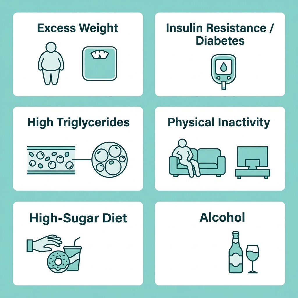Fatty Liver: Symptoms, Causes, Grade 1, Tests, Diet & Treatment Infographic showing six common causes and risk factors for fatty liver