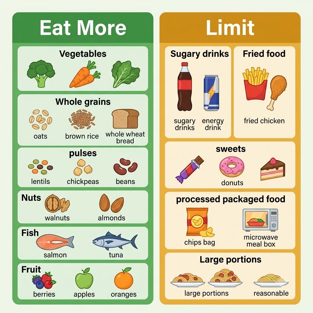 Fatty Liver: Symptoms, Causes, Grade 1, Tests, Diet & Treatment Infographic showing foods to eat more of and foods to limit with fatty liver
