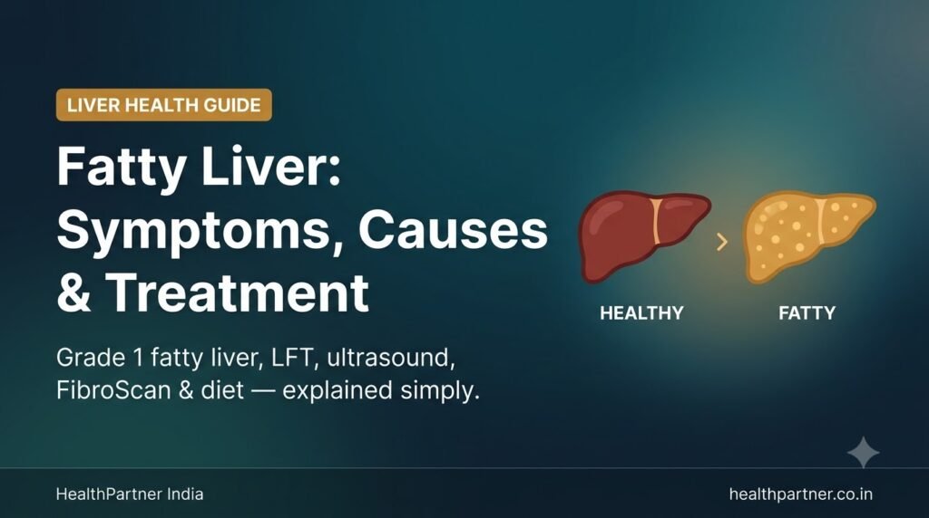 Hero banner illustration comparing a healthy liver and a fatty liver, titled "Fatty Liver: Symptoms, Causes & Treatment"