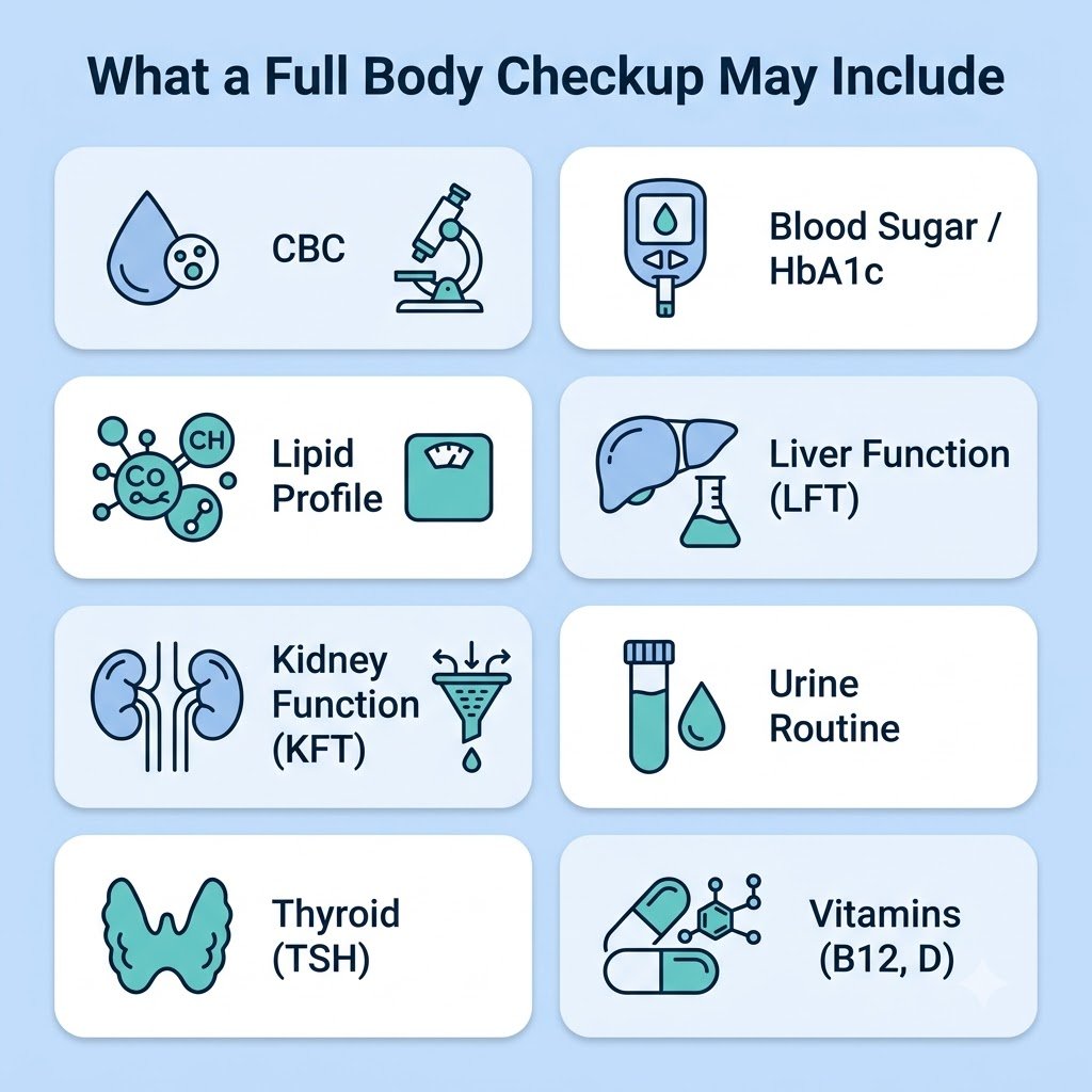 Infographic grid showing common tests in a full body health checkup including CBC, blood sugar, lipid profile, liver and kidney function